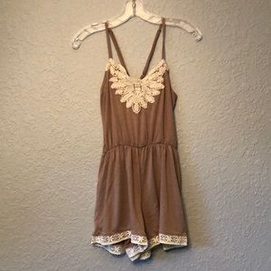 Cute Brown Romper w/ Ivory Lace Detail